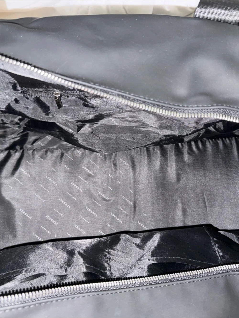 Versace Parfums Black Duffel with Greek Key Trim